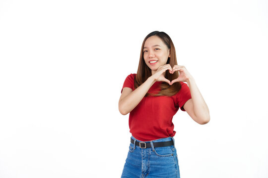 Hands showing heart shape, Pretty Asian people wearing red t-shirt for a woman isolated on white background.