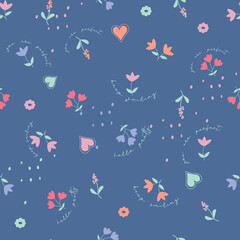 Cute, blue, thanksgiving, christmas, trendy ditsy conversational colorful positive letter and words seamless pattern print background with flowers, florals for fashion, textile, tshirt, girls, kids