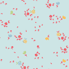 Simple, seamless floral print spaced out conversational pattern, blooming, colorful random, fading doodle flowers, stems and petals clusters for clothing, textile, tshirt, kids, girls women, wrapping,