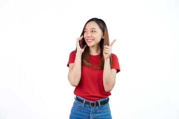 Obraz na płótnie Canvas Call a mobile and pointing, Pretty Asian people wearing red t-shirt for a woman isolated on white background.