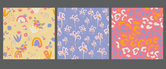 Set of simple floral seamless patterns. Colorful small and large, ditsy, daisy flowers collection. Sketch flat drawing. Botanical collage in modern trendy style. Summer meadow flowers bundle. 