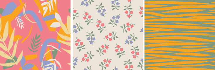 Set of simple floral seamless patterns. Colorful small and large, ditsy, daisy flowers collection. Sketch flat drawing. Botanical collage in modern trendy style. Summer meadow flowers bundle. 