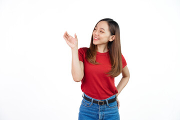 Pretend to hold can, Pretty Asian people wearing red t-shirt for a woman isolated on white background.