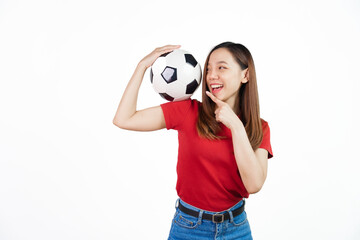 Holding football, Pretty asian women England soccer fans celebrating over white background isolated. Sports fan isolated young woman.