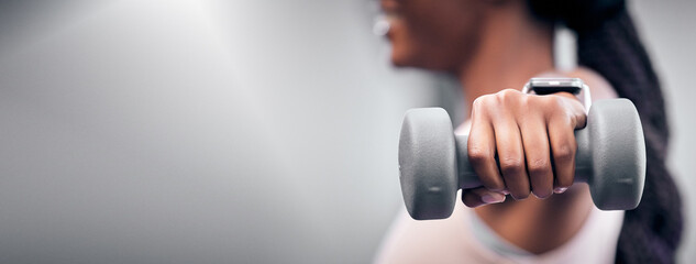 Hand with dumbbell, fitness and strong black woman with exercise zoom and weightlifting mock up, workout and muscle building. Weight training closeup, sport and power with healthy active lifestyle. - obrazy, fototapety, plakaty