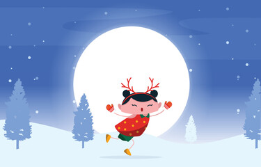 Happy Kid Child Girl Dancing Skating on Snow Winter Christmas Illustration