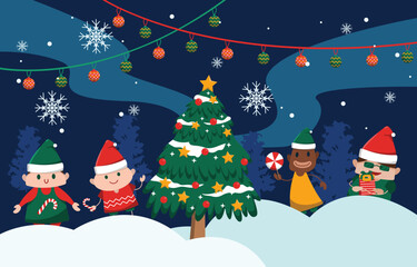 Happy Kids Children Playing Pine Tree Winter Christmas Illustration