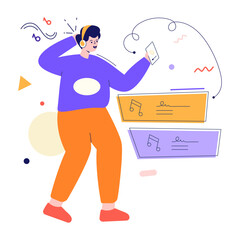 Person listening music on phone, flat illustration 