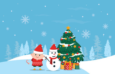 Kid Playing Snowman Pine Tree Winter Christmas Illustration