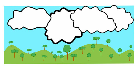illustration of a mountain view against a background of white clouds and blue sky