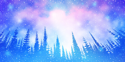 Aurora borealis and forest, northern lights, winter holiday illustration