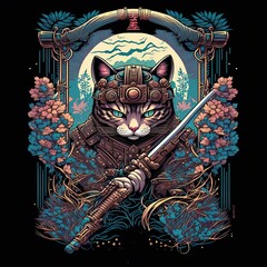 Cyberpunk cat samurai japan for tshirt, Cat Silhouette Illustration for t-shirt, sweater, jacket. isolated in black background