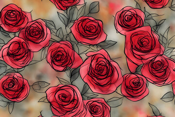 Illustration digital watercolor flowers roses red pattern background 