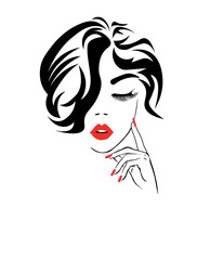 Woman face. Sexy woman with red lips and short hair. Logo women face on white background. Pretty girl with red lips and modern short haircut