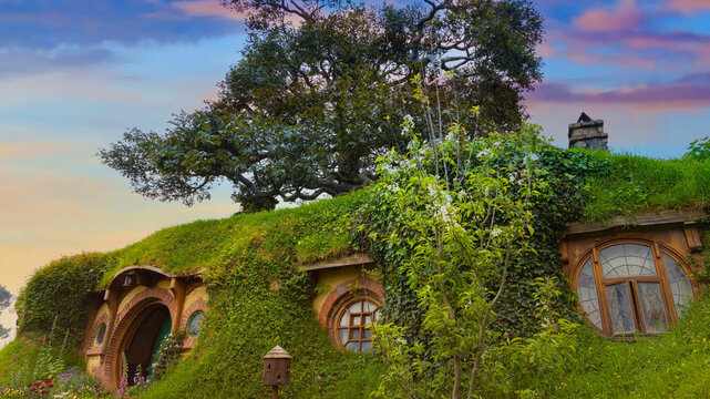 MATAMATA- NEW ZEALAND -NOVEMBER -2- 2022: Hobbiton - movie set created for filming the Lord of the Rings and "Hobbit" movies - Matamata, New Zealand,spring of sunset scene background
