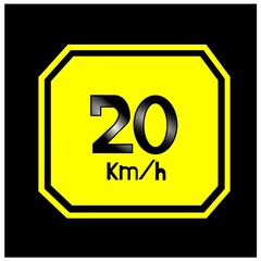 Signpost maximum speed 20 kilometers per hour.Banner black background with yellow octagon sign.