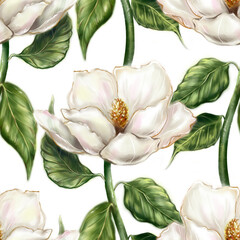 Beautiful pearly white ivory Magnolia flower leaf branch plant computer graphic digital watercolor art seamless pattern background - 549164123