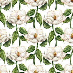 Beautiful pearly white ivory Magnolia flower leaf branch plant computer graphic digital watercolor art seamless pattern background - 549164144