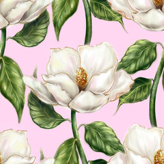 Beautiful pearly white ivory Magnolia flower leaf branch plant computer graphic digital watercolor art seamless pattern background - 549164155