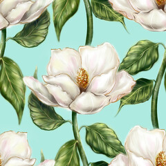 Beautiful pearly white ivory Magnolia flower leaf branch plant computer graphic digital watercolor art seamless pattern background - 549164187