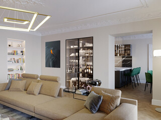 Luxurious living room in the apartment. 3D visualization. panoramic windows. Expensive furniture