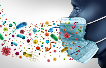 Face Mask Protection and Disease prevention concept with infectious pathogens spreading as a medical symbol of preventing illness from germ virus and airborne bacteria