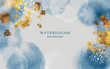 Abstract watercolor illustration in blue shades with golden elements