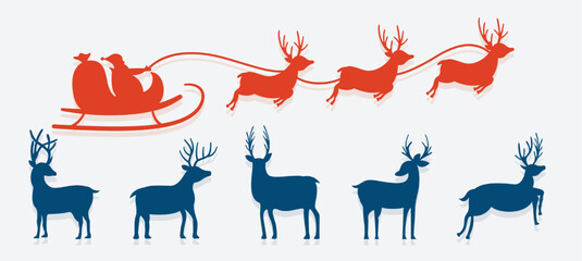 christmas santa claus flying on sleigh with reindeer design in set
