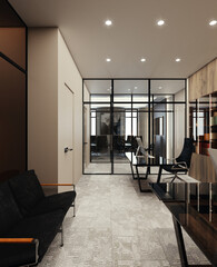 Modern office design. 3D visualization. Walls made of veneered panels.