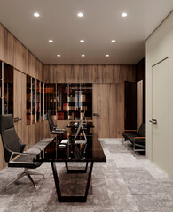 Modern office design. 3D visualization. Walls made of veneered panels.