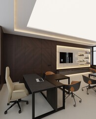 Modern office design. 3D visualization. Walls made of veneered panels.