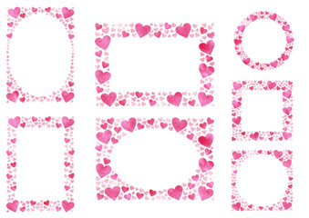 水彩風ピンク色のかわいいハートのフレームいろいろ素材セット