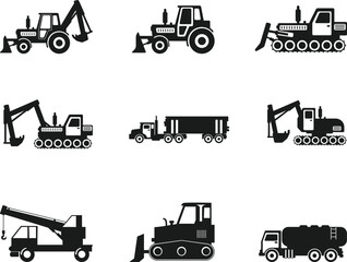 Construction vehicles set isolated vector Silhouette