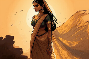 AI generated image of a young elegant Indian princess in traditional Indian attire 