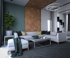 Modern light interior. 3D visualization. Living room, kitchen and dining room