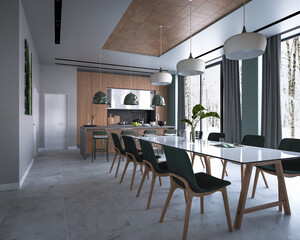 Modern light interior. 3D visualization. Living room, kitchen and dining room
