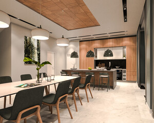 Modern light interior. 3D visualization. Living room, kitchen and dining room