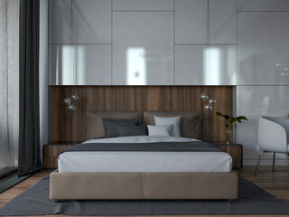 Modern bedroom design. 3D visualization. Wall panels