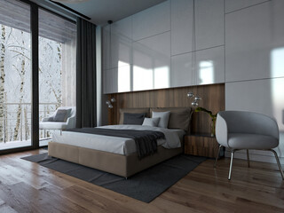 Modern bedroom design. 3D visualization. Wall panels