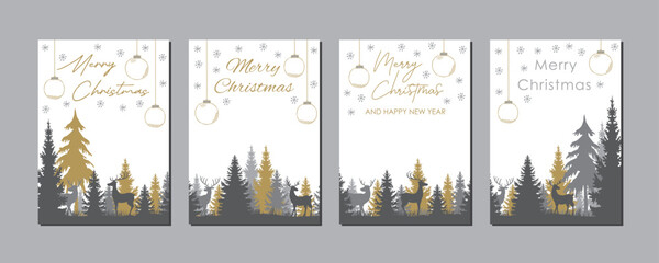 christmas forest landscape with deers, set of elegant printable holiday greeting cards in gold and grey, suitable for tags, postcards, background, banner or social media stories