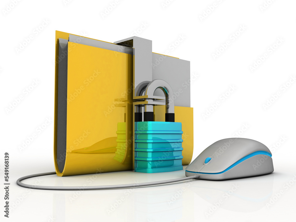 Poster 3d rendering yellow folder protection lock connected mouse . data security concept