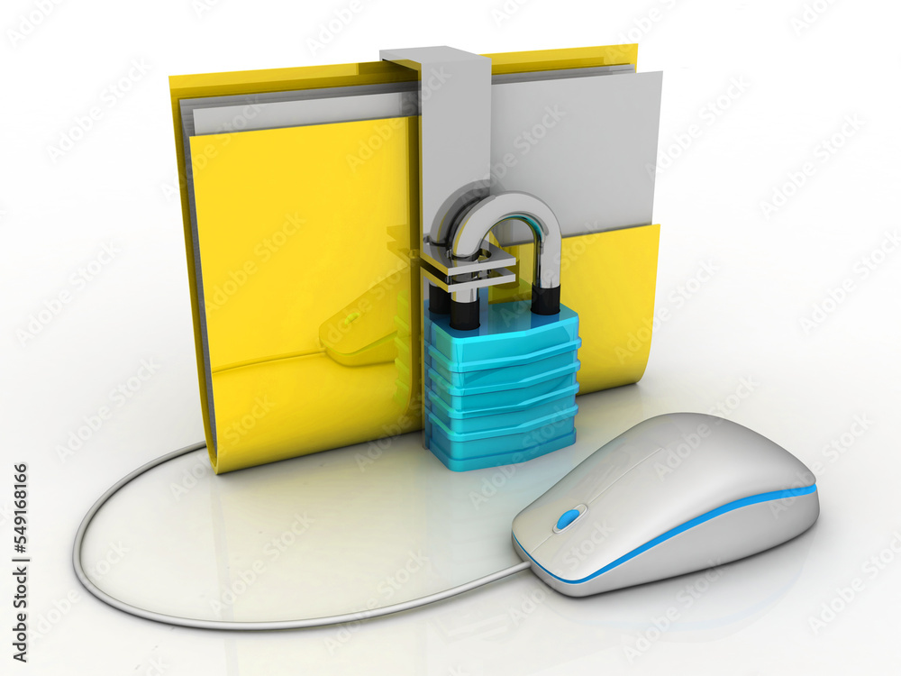 Poster 3d rendering yellow folder protection lock connected mouse . data security concept