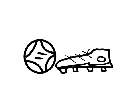 Hand drawn image of a soccer ball and shoes.  suitable for the theme of the sport of football