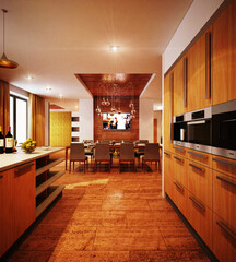 Luxury interior design in modern style. 3D visualization. Expensive finishing materials and furniture
