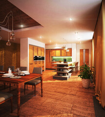 Luxury interior design in modern style. 3D visualization. Expensive finishing materials and furniture