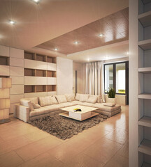 Luxury interior design in modern style. 3D visualization. Expensive finishing materials and furniture