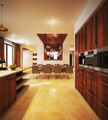 Luxury interior design in modern style. 3D visualization. Expensive finishing materials and furniture
