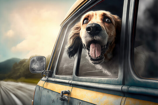 AI generated image of a very happy cute dog hanging its head out of a moving car