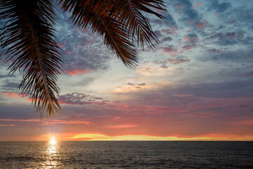 Naklejka na ściany i meble Famous Puerto Vallarta sunsets on sea promenade, El Malecon, with ocean lookouts, beaches, scenic landscapes hotels and city views