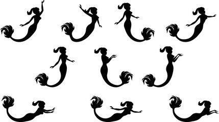 cute mermaid silhouette illustration set